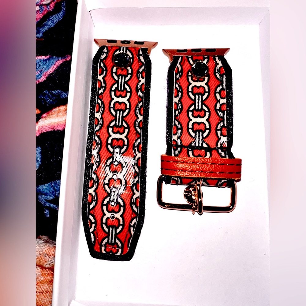 Upcycled Tory Burch chain link orange and blue Apple Watch band